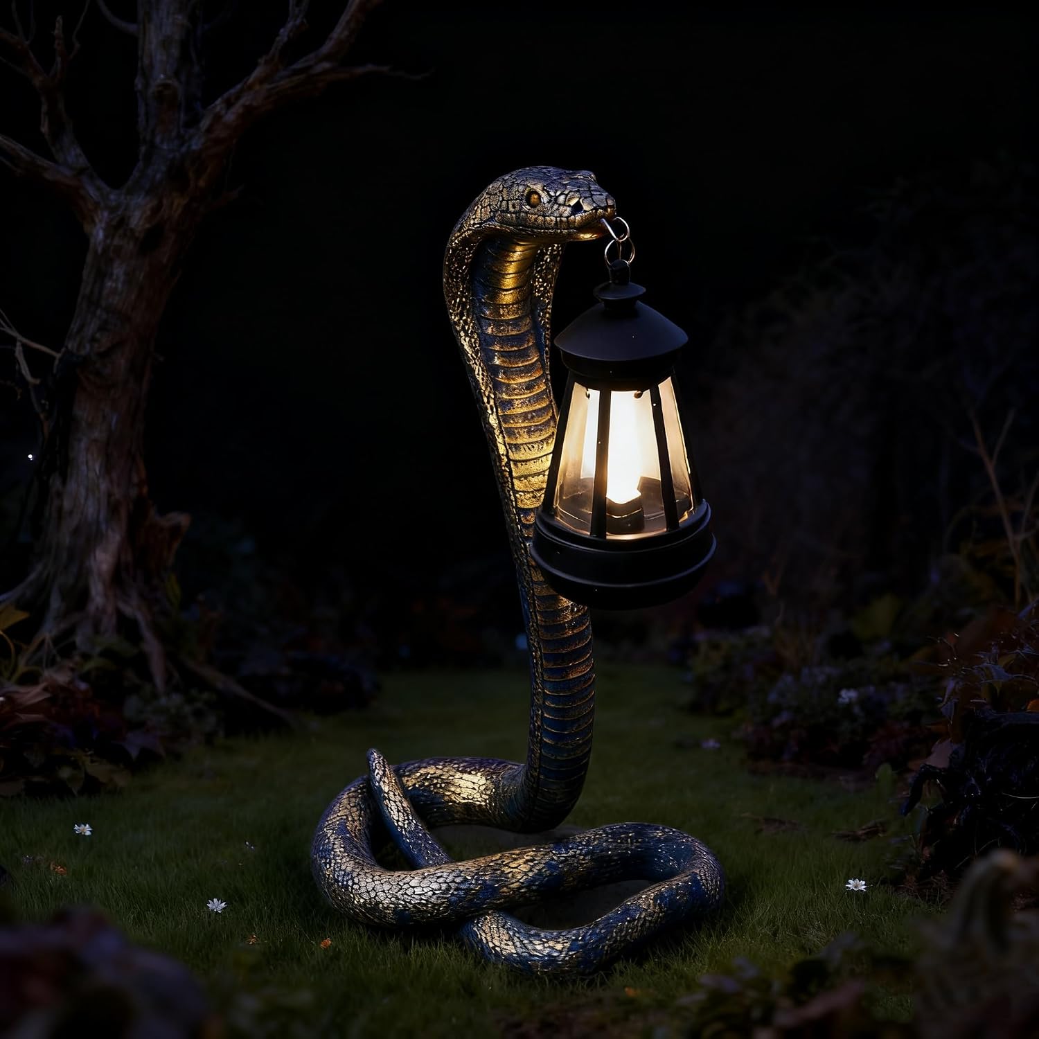 Solar Garden Outdoor Statues Snake with Solar Lights Outdoor Chrismtas Decorations - Lawn Decor Snake Statue for Patio, Balcony, Yard Ornament - Unique Housewarming Gifts (Brass Color)