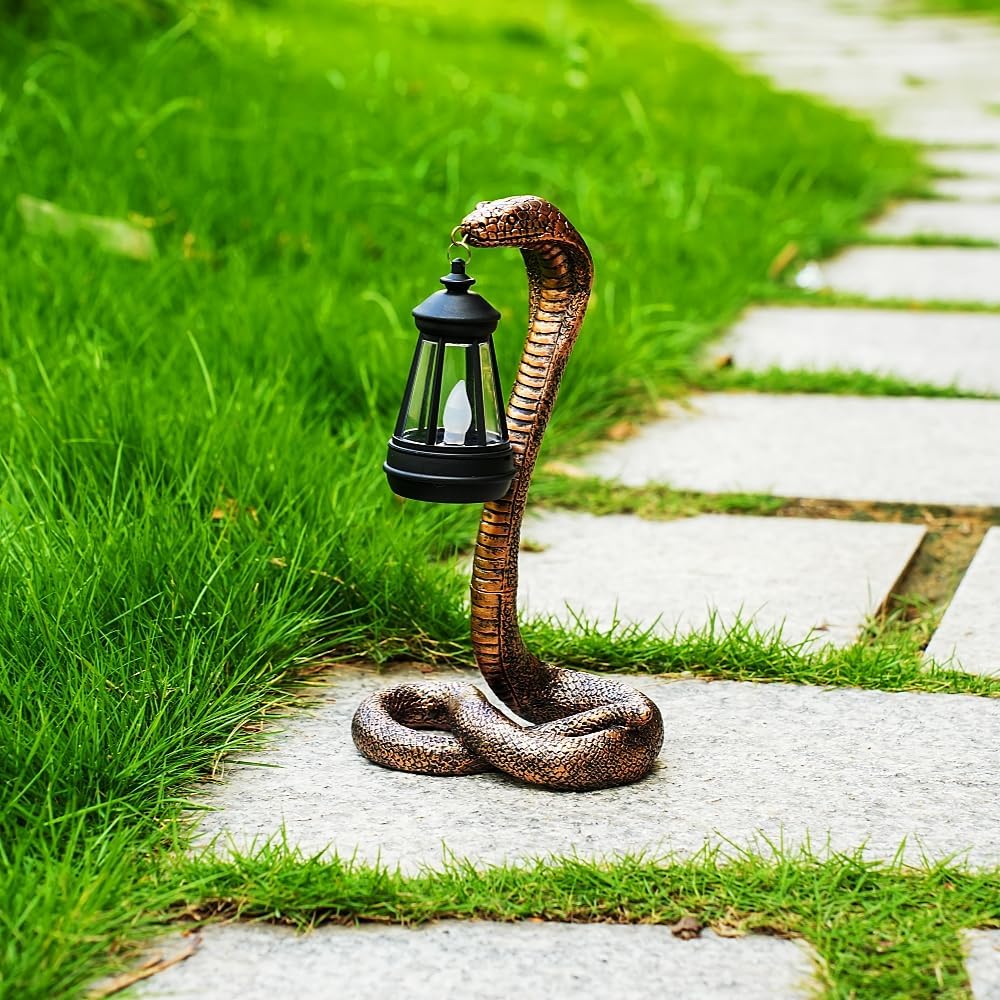 Solar Garden Outdoor Statues Snake with Solar Lights Outdoor Chrismtas Decorations - Lawn Decor Snake Statue for Patio, Balcony, Yard Ornament - Unique Housewarming Gifts (Brass Color)