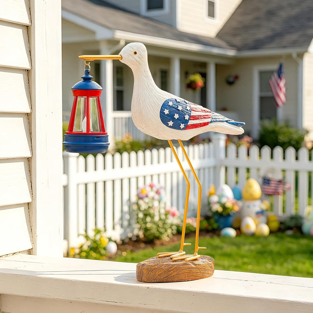 250th Anniversary Decorations,4th of July Decorations Solar Garden Lights,Fourth of July Red White and Blue Seagull Statue Solar Lights Outdoor,Patriotic Decor With Solar Lantern for Independence Day