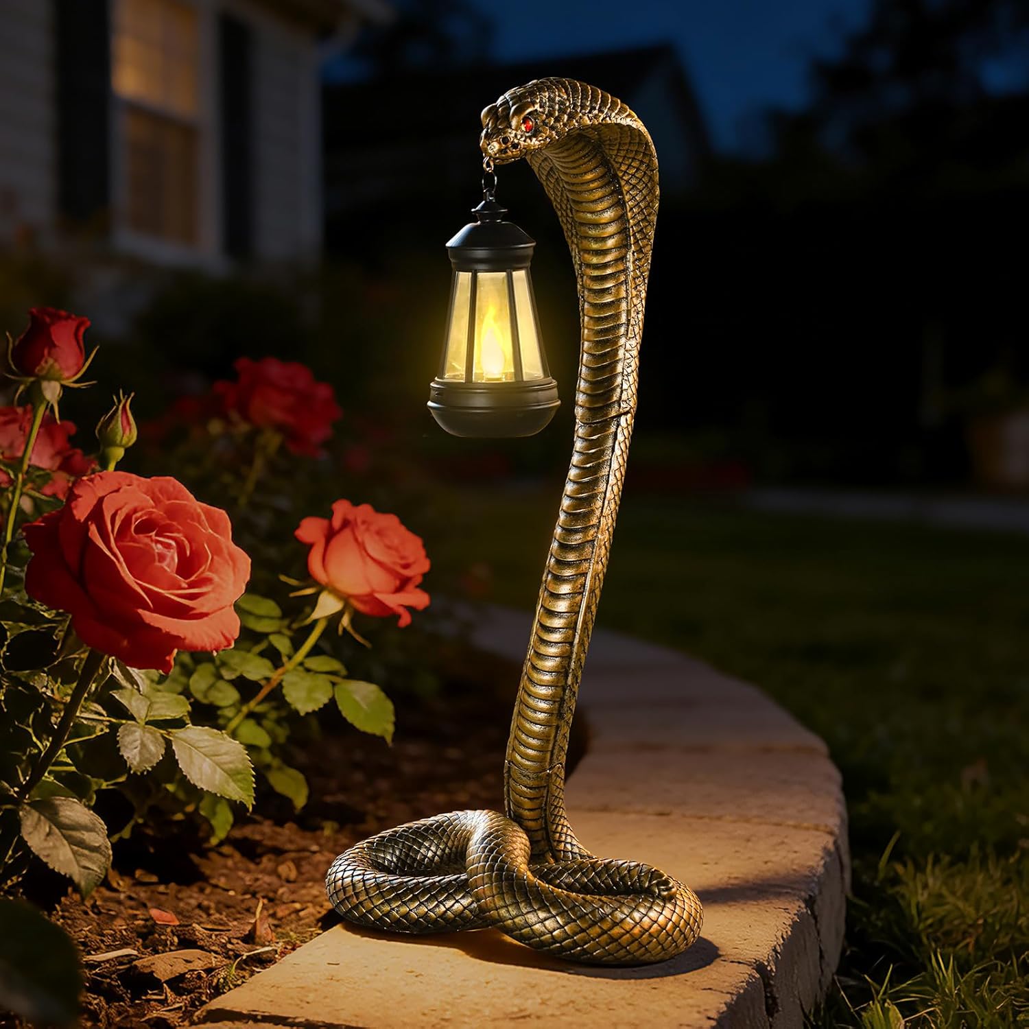 Garden Outdoor Statues 19.89'' Snake with Solar Lantern,Lawn Decor Statue for Patio, Balcony, Yard Ornament, Unique Housewarming and Birthdays Gifts for Father Grandpa Men