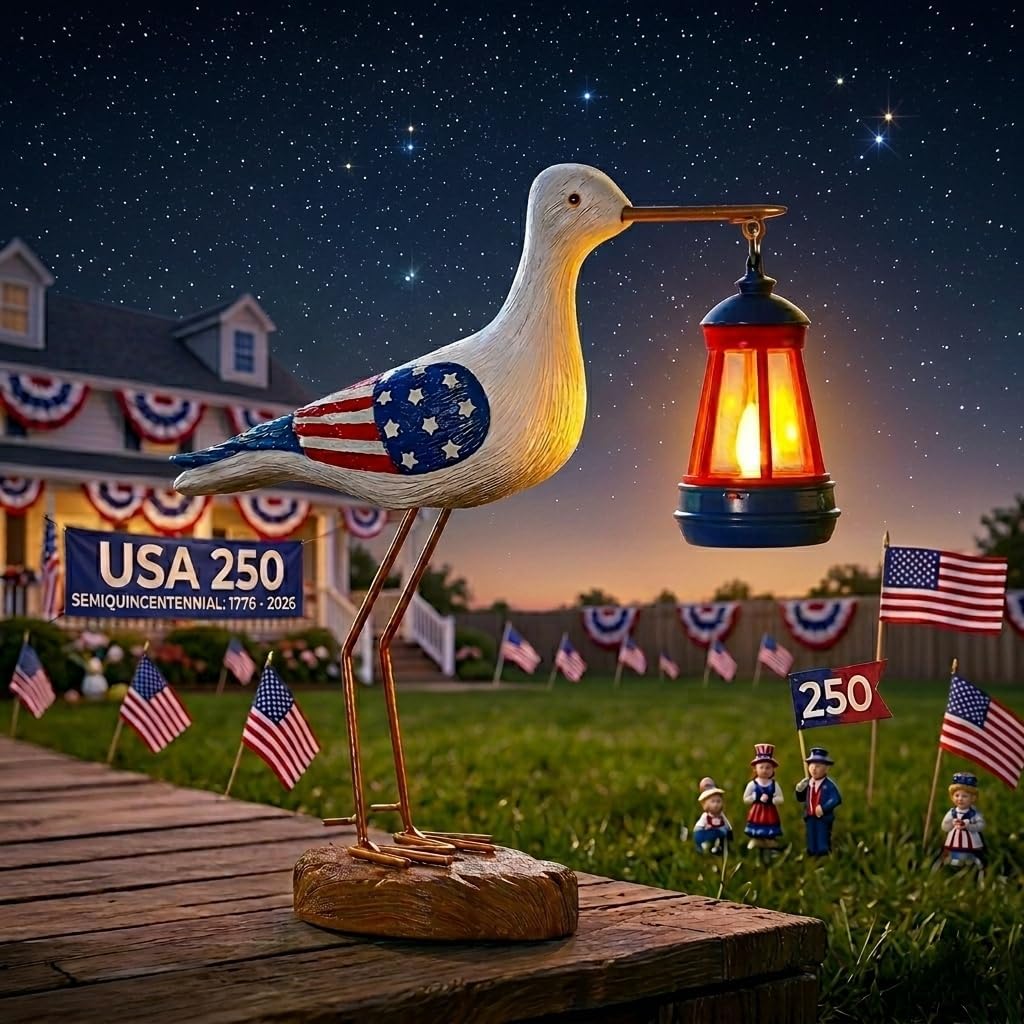 250th Anniversary Decorations,4th of July Decorations Solar Garden Lights,Fourth of July Red White and Blue Seagull Statue Solar Lights Outdoor,Patriotic Decor With Solar Lantern for Independence Day