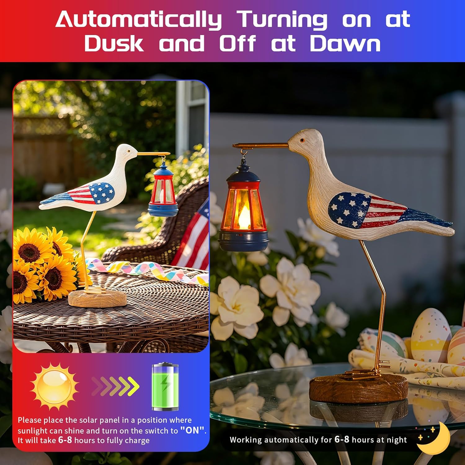 250th Anniversary Decorations,4th of July Decorations Solar Garden Lights,Fourth of July Red White and Blue Seagull Statue Solar Lights Outdoor,Patriotic Decor With Solar Lantern for Independence Day