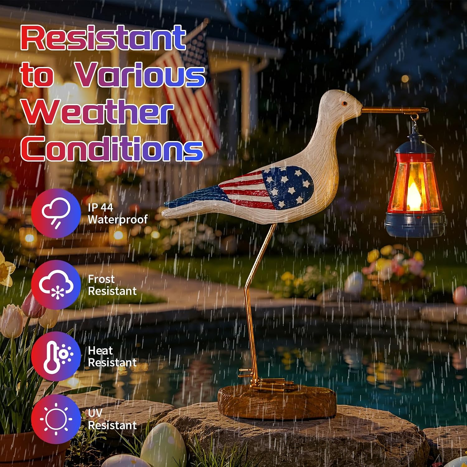 250th Anniversary Decorations,4th of July Decorations Solar Garden Lights,Fourth of July Red White and Blue Seagull Statue Solar Lights Outdoor,Patriotic Decor With Solar Lantern for Independence Day