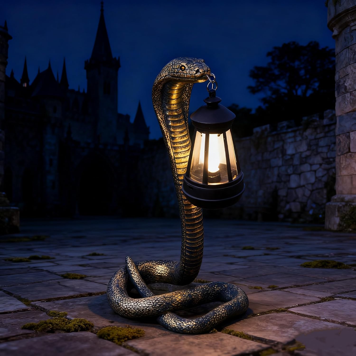 Solar Garden Outdoor Statues Snake with Solar Lights Outdoor Chrismtas Decorations - Lawn Decor Snake Statue for Patio, Balcony, Yard Ornament - Unique Housewarming Gifts (Brass Color)