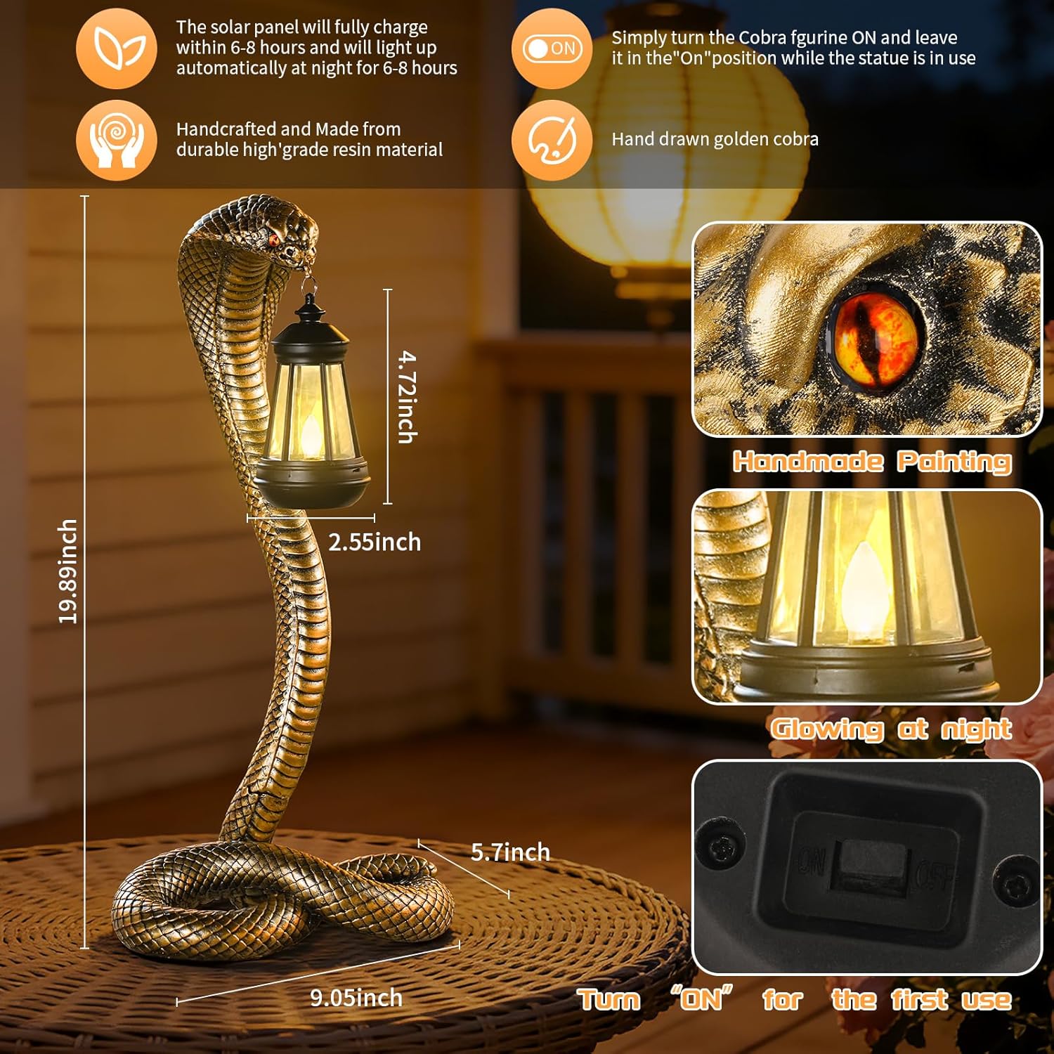 Garden Outdoor Statues 19.89'' Snake with Solar Lantern,Lawn Decor Statue for Patio, Balcony, Yard Ornament, Unique Housewarming and Birthdays Gifts for Father Grandpa Men