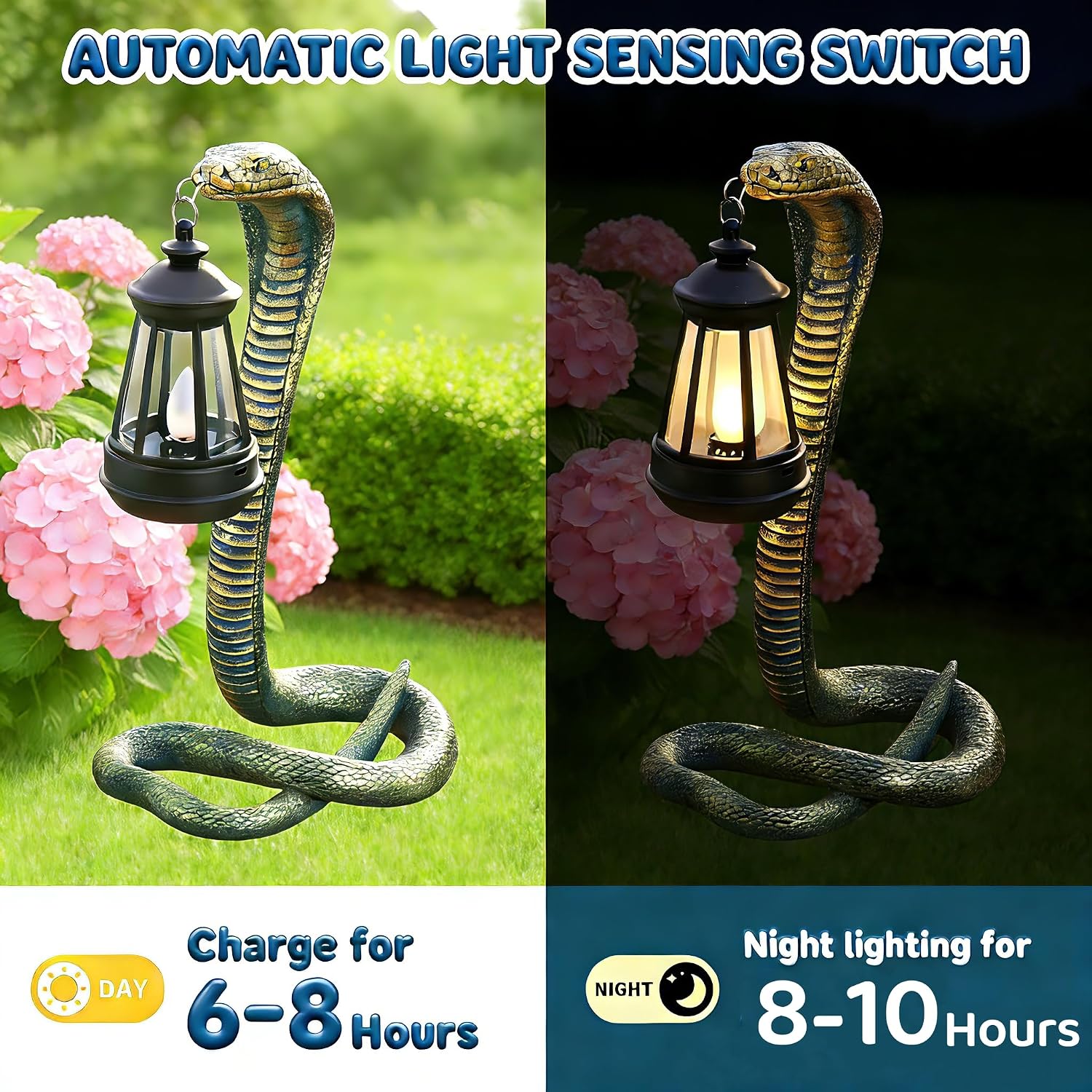 Solar Garden Outdoor Statues Snake with Solar Lights Outdoor Chrismtas Decorations - Lawn Decor Snake Statue for Patio, Balcony, Yard Ornament - Unique Housewarming Gifts (Bronze Colored)