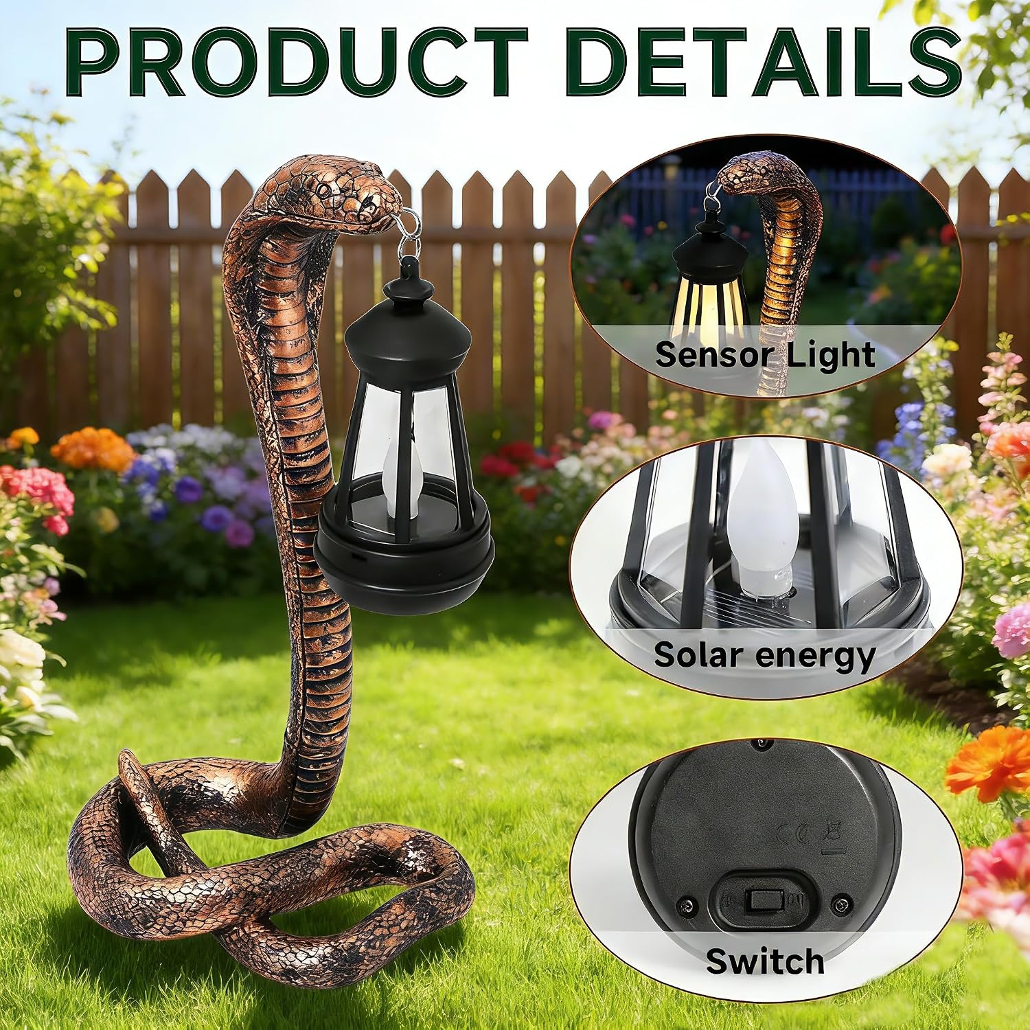 Solar Garden Outdoor Statues Snake with Solar Lights Outdoor Chrismtas Decorations - Lawn Decor Snake Statue for Patio, Balcony, Yard Ornament - Unique Housewarming Gifts (Brass Color)