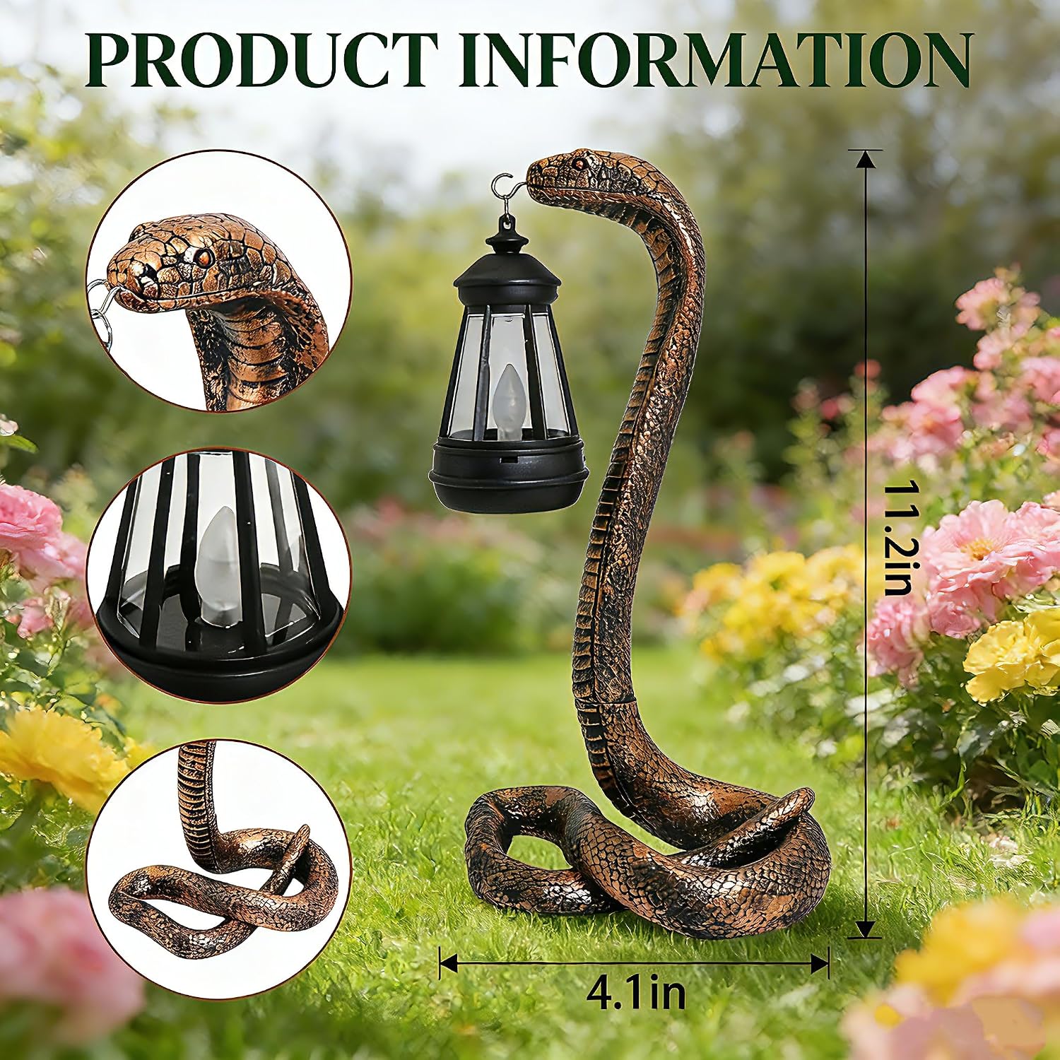 Solar Garden Outdoor Statues Snake with Solar Lights Outdoor Chrismtas Decorations - Lawn Decor Snake Statue for Patio, Balcony, Yard Ornament - Unique Housewarming Gifts (Brass Color)